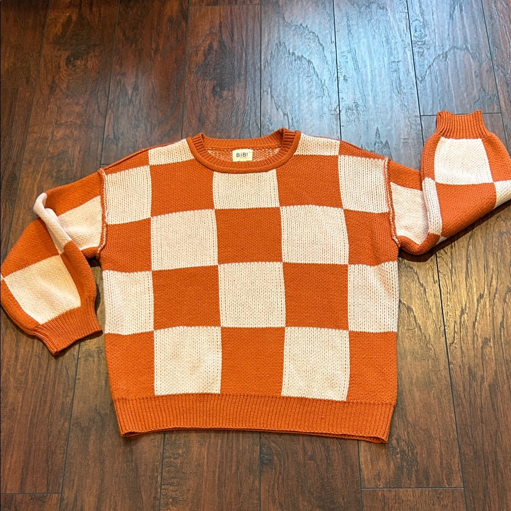 Bibi Rust and Peach Checkered Crewneck Sweater